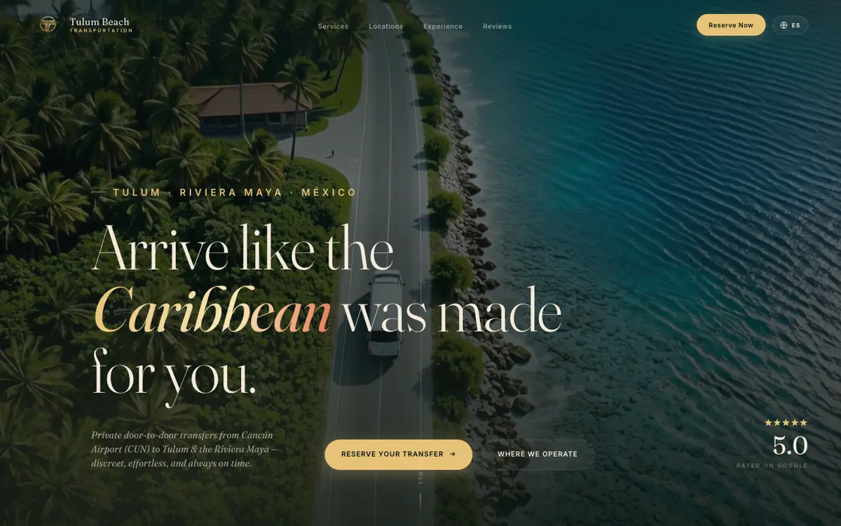 Página web de Tulum Beach Transport en computadora